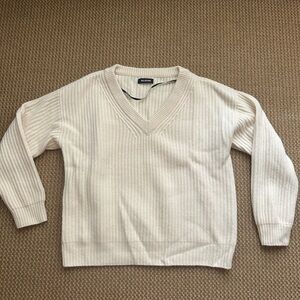 NAADAM Ivory Ribbed V-Neck Sweater